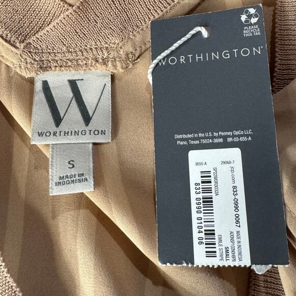 Worthington Small Emile Top Striped Sleeveless Lightweight V-Neck Semi-Sheer Tan - Picture 5 of 6